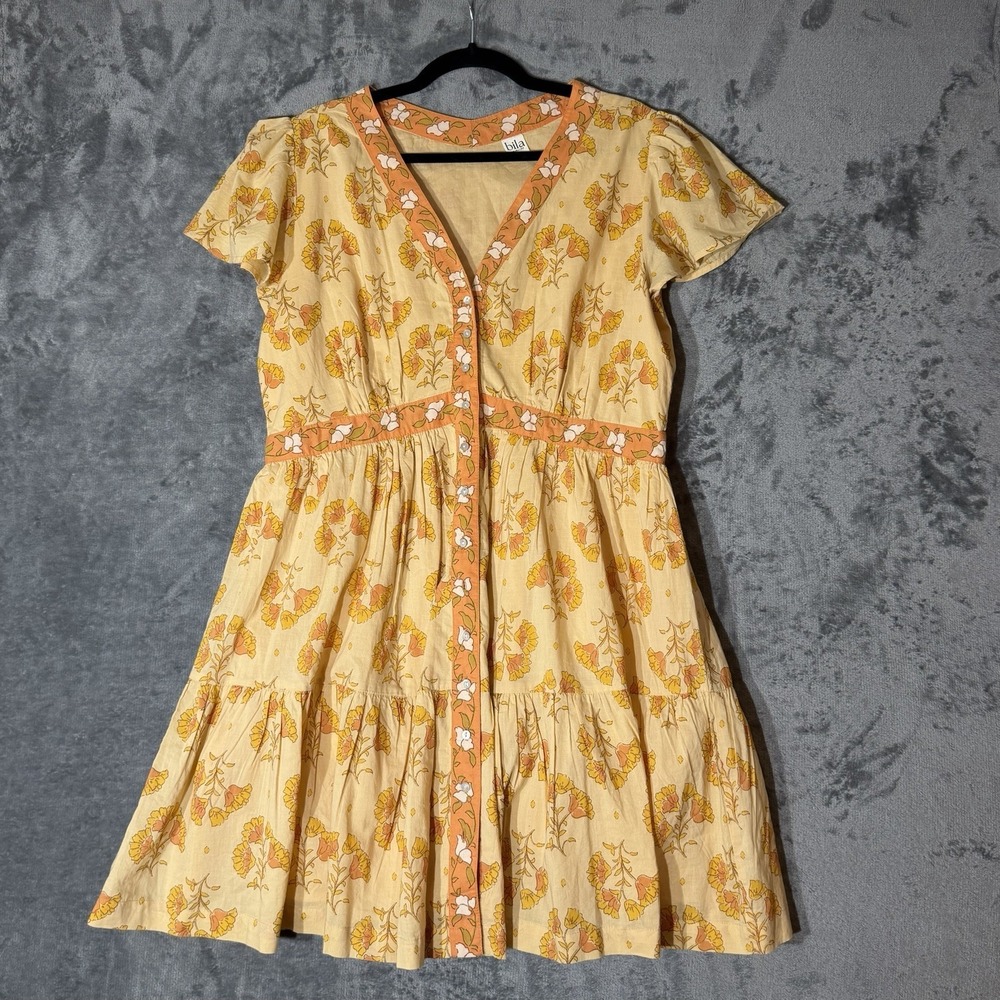 Bila Monaco Dress Mini Yellow Orange Floral Button Front Dress Boho Romantic Lg